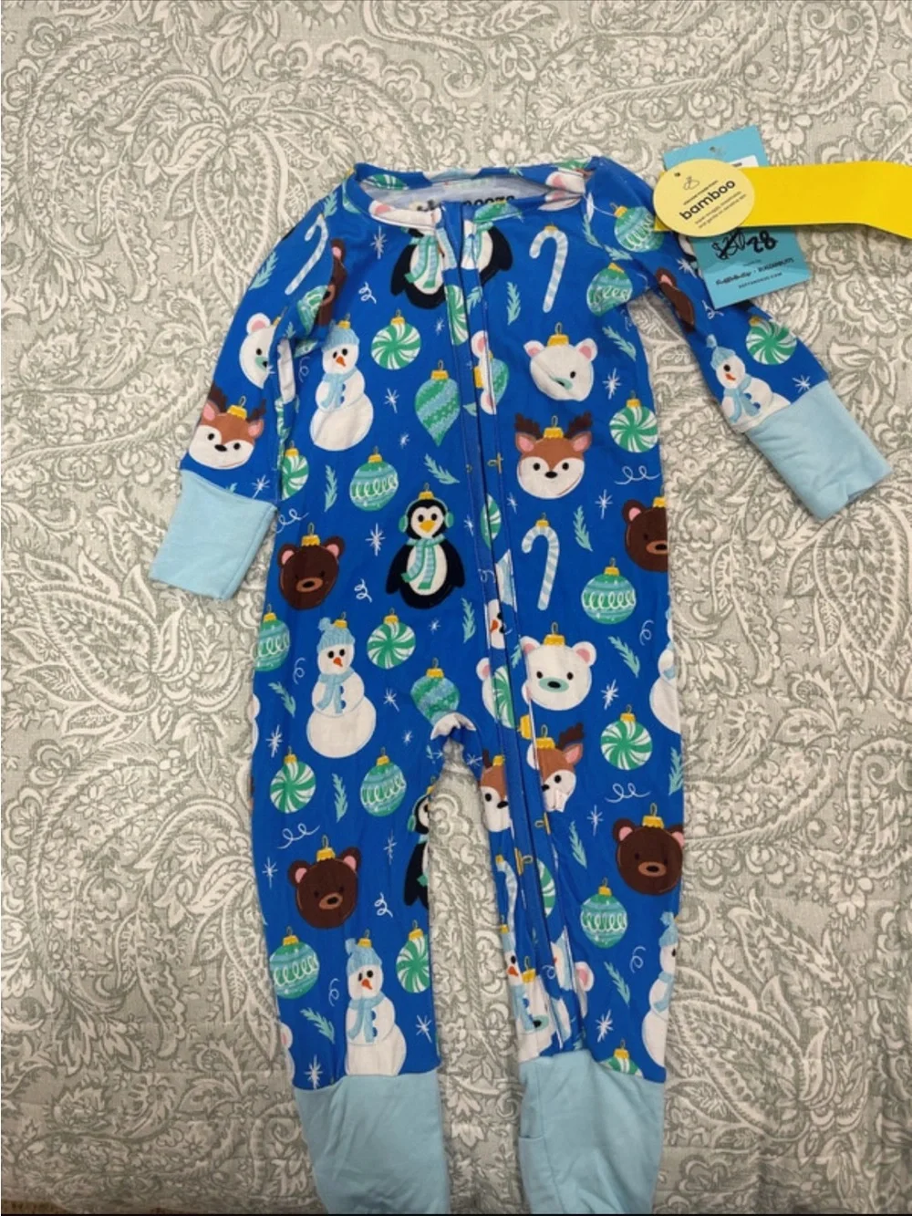 BAMBOO Blue Holiday Animal Print Footed One-Piece